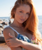 Michelle H, redhead, beach, strip, nude