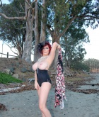 Tessa Fowler, busty, beach, topless, redhead