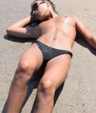 Christina, brunette, ass, thong, strip, public, beach