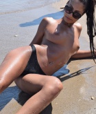 Christina, brunette, ass, thong, strip, public, beach