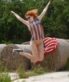 Adel C, 4th July, redhead, naked, shaved, ass, flag, outdoors