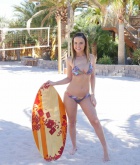 Dillion Harper, brunette, naked, trimmed, strip, beach, boogie board