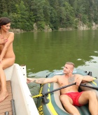 Adela, brunette, naked, shaved, lake, boat, outdoors
