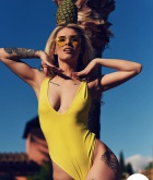 Saskia Valentine, blonde, topless, tattoo, outside, ass, swimsuit