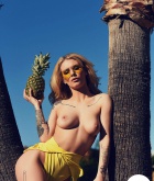 Saskia Valentine, blonde, topless, tattoo, outside, ass, swimsuit