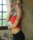 Rebecca Leah, blonde, naked, ass, thong, stockings, strip, glasses