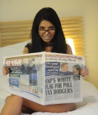 Cara De la Hoyde, brunette, glasses, read, ass, thong, bed, newspaper