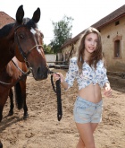 Milla, brunette, naked, shaved, busty, horse, outdoors, ass