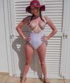 Joey M, brunette, topless, cleavage, swimsuit, busty, hat