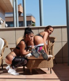 Aysha, Gala Brown, brunette, naked, busty, ass, trimmed, gym, balcony
