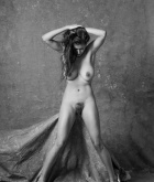 Sabine, brunette, bush, naked, studio, black and white, 