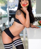 Gina Valentina, brunette, naked, trimmed, socks, kitchen