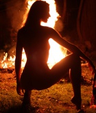 Alece, naked, trimmed, outdoors, fire, brunette
