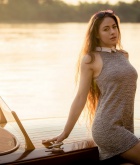 Joy Draiki, brunette, naked, trimmed, lake, outdoors, boat, ass