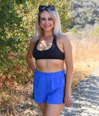 Elle McRae, blonde, naked, shaved, outdoors, hike, shades