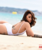 Mica Martinez, brunette, thong, ass, topless, boobs, beach, sea