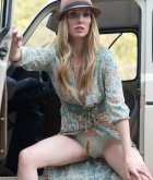 Anuska, blonde, topless, hat, outside, see through, camel toe, car, boots