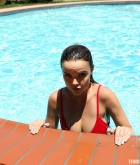 Dillion Harper, brunette, topless, boobs, bikini, pool, outside