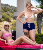 Giselle Palmer, Lilly Bell, blonde, naked, bush, ass, bikini, pool, outside