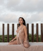 Claudia Tihan, brunette, topless, tan lines, outside, pose, photo shoot