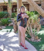 Cara May, blonde, topless, busty, heels, costume, outside, garden