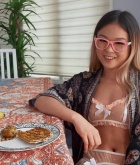 Lulu Chu, brunette, topless, boobs, lingerie, pose, piercing