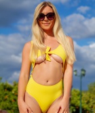 Elle Hunter, blonde, topless, ass, heels, bikini, pose, pool, outside