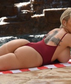 Dee Williams, blonde, naked, shaved, ass, heels, swimsuit, strip