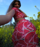 Melena Maria Rya, ass, blonde, naked, outdoors, pose