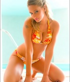 Veronika Hanikova, blonde, strip, bikini, tattoo, pool