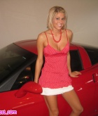 Melissa Midwest, blonde, strip, piercing, car, Corvette