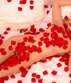 Sandy Summers, blonde, nude, bed, petals, Valentines Day