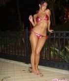 Raven Riley, brunette, latin, flash, bikini, piercing, pool, outdoors