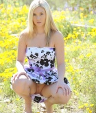 Alison Angel, blonde, flash, outdoors, flowers