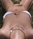 Nikki Sims, brunette, strip, piercing, tattoo, golf, outdoors, tease