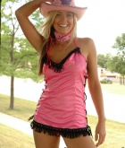 Alicia, blonde, strip, cowgirl, outdoors