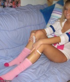 Makenzie, blonde, strip, tease, flash, socks, bed, thong