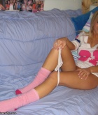 Makenzie, blonde, strip, tease, flash, socks, bed, thong
