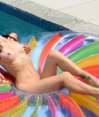 Karlie Montana, brunette, strip, bikini, outdoors, pool
