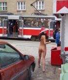 Darina, brunette, nude, public, outdoors, santa hat