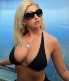 Jenny McClain, blonde, strip, busty, outdoors, bikini, sunglasses