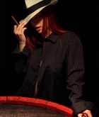 Gabriella Lupin, strip, redhead, hat, cigar, gun, table