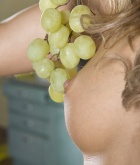 Veronika Fasterova, blonde, strip, kitchen, grapes, apple