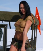 Gwen, brunette, strip, army, jeep, snow, outdoors, weapon