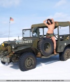 Gwen, brunette, strip, army, jeep, snow, outdoors, weapon