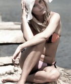 Deni, blonde, strip, outdoors, bikini, hat, pier, lake