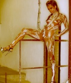 Ashley Bulgari, brunette, nude, heels, paint, stairs