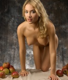 Lia, blonde, nude, apples, table, pose, perky