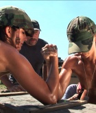 Nude, boot camp, arm wrestle, hat, outdoors