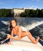 Calista, brunette, topless, pose, boat, outdoors, lake